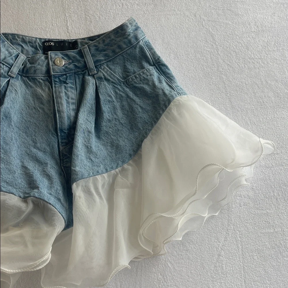 ASOS LUXE DENIM SHORTS WITH CHIFFON FRILL HEM BLUE SIZE 2 - Picture 5 of 5